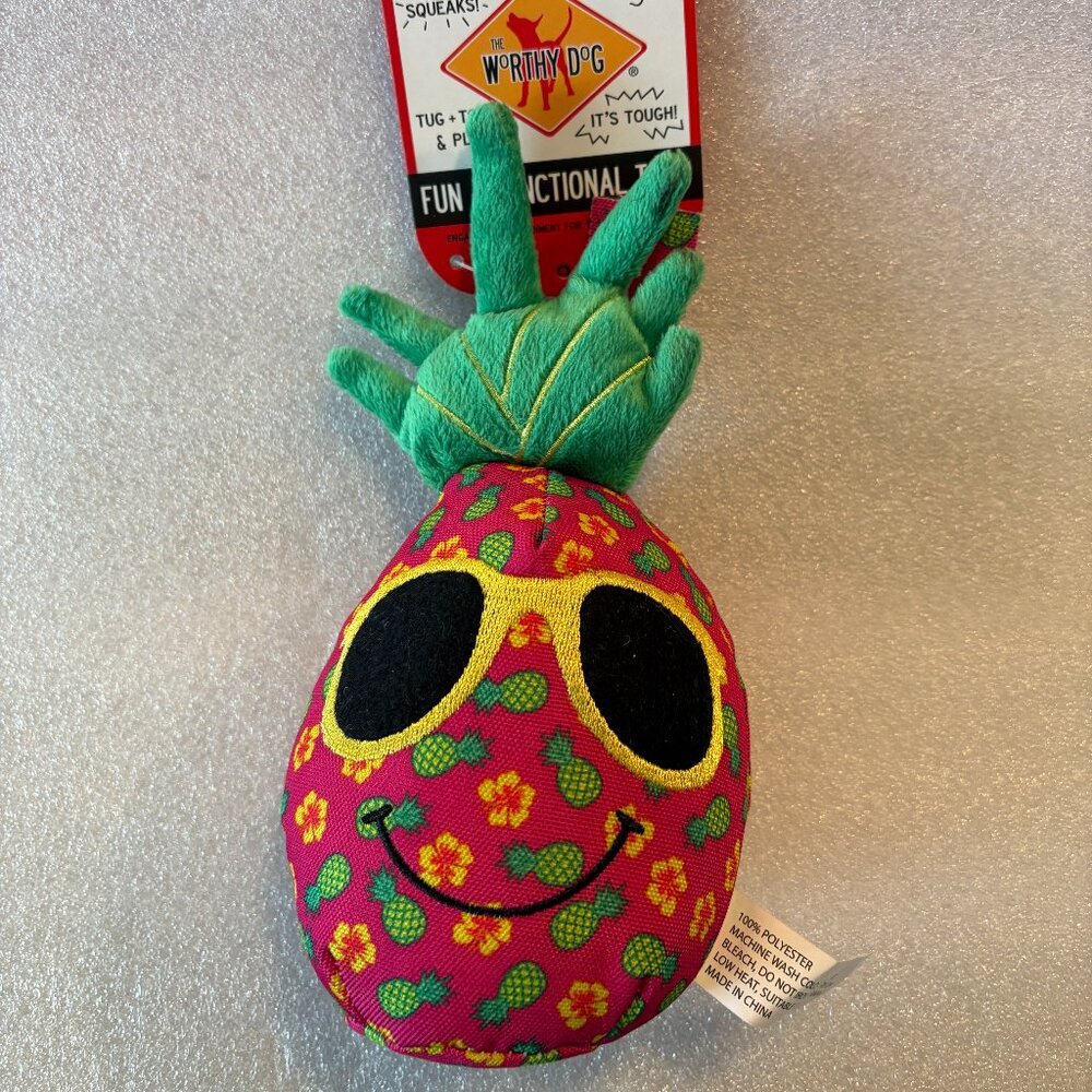 Worthy Dog FUSCHIA PINEAPPLE Dog Toy Squeak Crinkle Sunglasses 7" Plush NEW